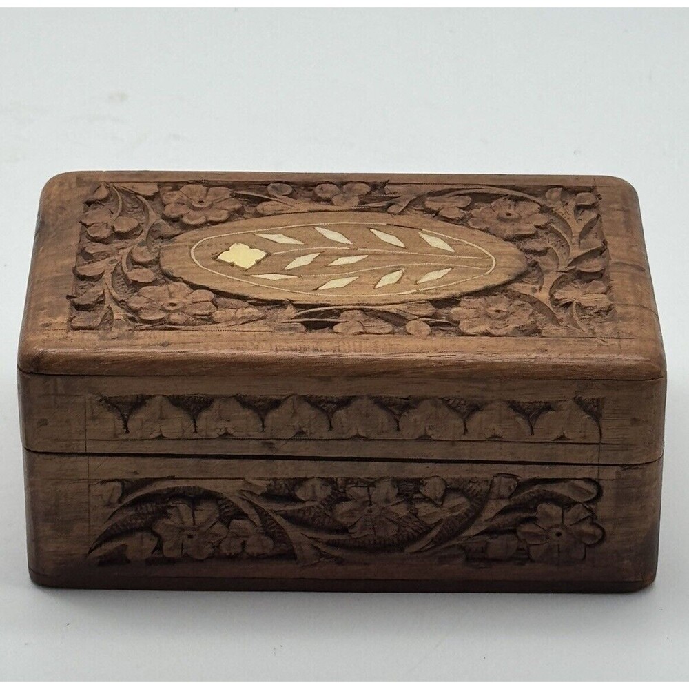 Vintage Hand Carved Wooden Trinket Box With Inlay Florals, Leaves And Hinged Lid